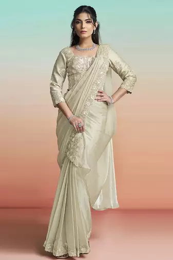 Pearl grey two tone satin silk embroidery ready to wear saree
