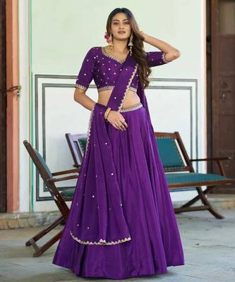 Deep Purple Silk Lehenga Choli with Scalloped Dupatta and Waist Belt 1