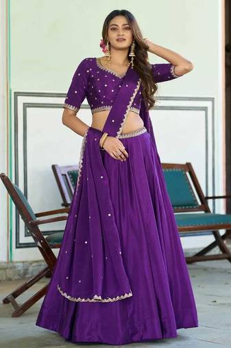 Deep Purple Silk Lehenga Choli with Scalloped Dupatta and Waist Belt