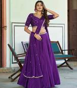 Deep Purple Silk Lehenga Choli with Scalloped Dupatta and Waist Belt