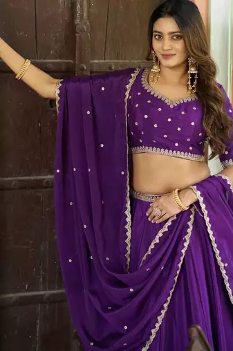 Deep Purple Silk Lehenga Choli with Scalloped Dupatta and Waist Belt