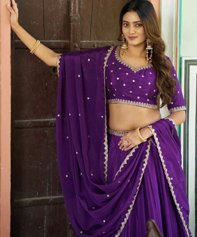 Deep Purple Silk Lehenga Choli with Scalloped Dupatta and Waist Belt