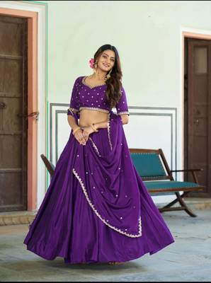 Deep Purple Silk Lehenga Choli with Scalloped Dupatta and Waist Belt 3
