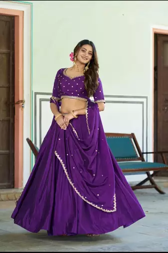 Deep Purple Silk Lehenga Choli with Scalloped Dupatta and Waist Belt