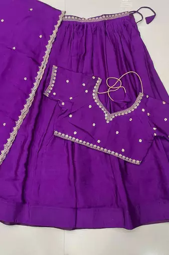 Deep Purple Silk Lehenga Choli with Scalloped Dupatta and Waist Belt