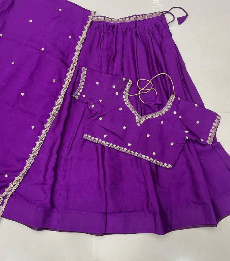 Deep Purple Silk Lehenga Choli with Scalloped Dupatta and Waist Belt