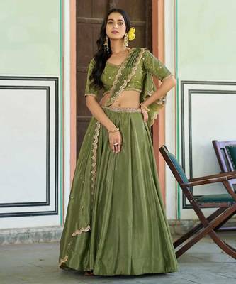Light Green silk blend Lehenga Choli with Scalloped Dupatta and Waist Belt 1