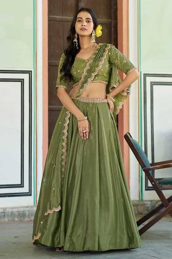 Light Green silk blend Lehenga Choli with Scalloped Dupatta and Waist Belt