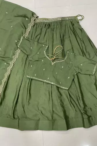 Light Green silk blend Lehenga Choli with Scalloped Dupatta and Waist Belt