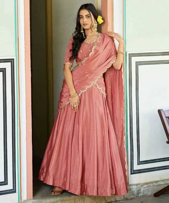Pastel Peach silk blend Lehenga Choli with Scalloped Dupatta and Waist Belt 1