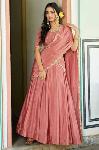 Pastel Peach silk blend Lehenga Choli with Scalloped Dupatta and Waist Belt