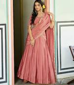 Pastel Peach silk blend Lehenga Choli with Scalloped Dupatta and Waist Belt