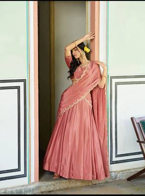 Pastel Peach silk blend Lehenga Choli with Scalloped Dupatta and Waist Belt 2