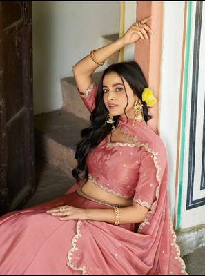 Pastel Peach silk blend Lehenga Choli with Scalloped Dupatta and Waist Belt 3