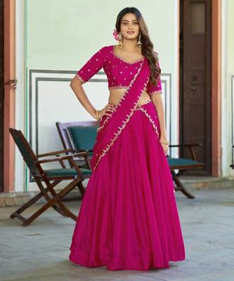 Rani Pink silk blend Lehenga Choli with Scalloped Dupatta and Waist Belt 1