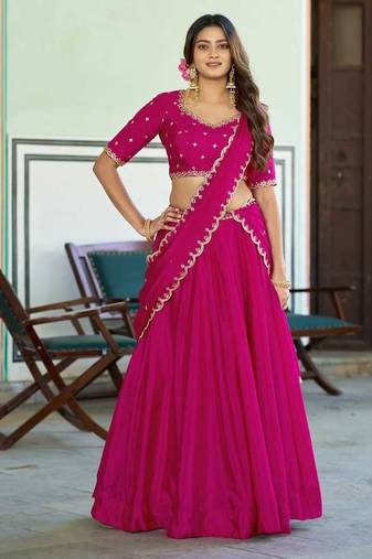 Rani Pink silk blend Lehenga Choli with Scalloped Dupatta and Waist Belt