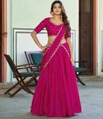 Rani Pink silk blend Lehenga Choli with Scalloped Dupatta and Waist Belt