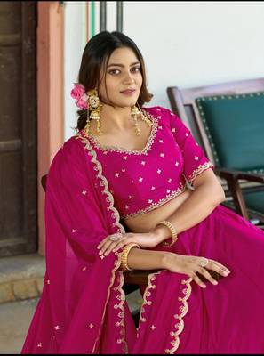 Rani Pink silk blend Lehenga Choli with Scalloped Dupatta and Waist Belt 2
