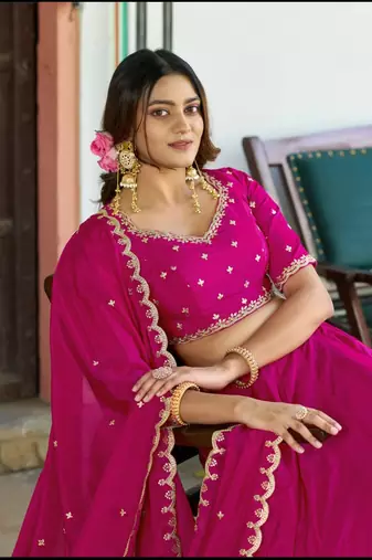 Rani Pink silk blend Lehenga Choli with Scalloped Dupatta and Waist Belt