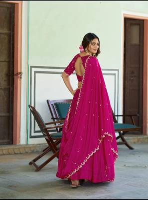 Rani Pink silk blend Lehenga Choli with Scalloped Dupatta and Waist Belt 3