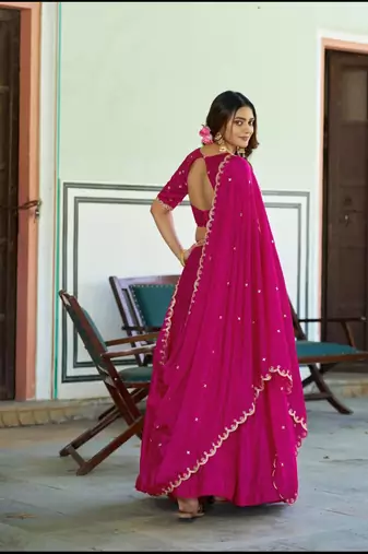 Rani Pink silk blend Lehenga Choli with Scalloped Dupatta and Waist Belt