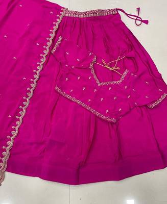 Rani Pink silk blend Lehenga Choli with Scalloped Dupatta and Waist Belt 4