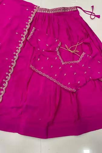 Rani Pink silk blend Lehenga Choli with Scalloped Dupatta and Waist Belt