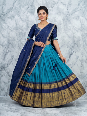 Navy Blue and Teal silk blend Lehenga Choli with Zari Border 1