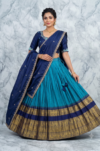 Navy Blue and Teal silk blend Lehenga Choli with Zari Border