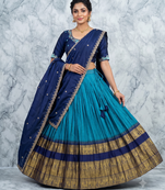 Navy Blue and Teal silk blend Lehenga Choli with Zari Border