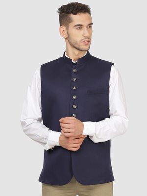 Men solid blue nehru jacket 1
