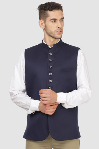 Men solid blue nehru jacket