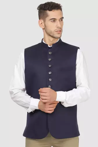 Men solid blue nehru jacket