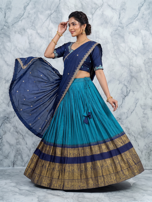 Navy Blue and Teal silk blend Lehenga Choli with Zari Border 2