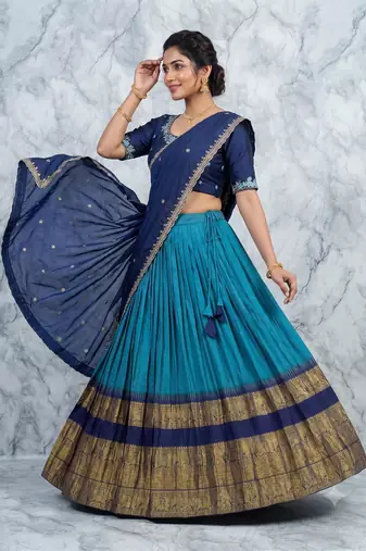 Navy Blue and Teal silk blend Lehenga Choli with Zari Border