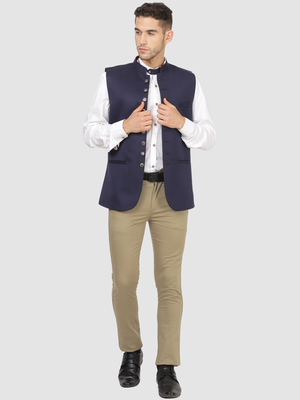 Men solid blue nehru jacket 2
