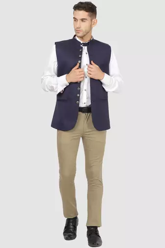 Men solid blue nehru jacket