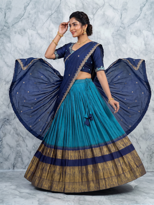 Navy Blue and Teal silk blend Lehenga Choli with Zari Border 3
