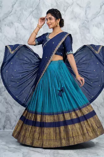 Navy Blue and Teal silk blend Lehenga Choli with Zari Border