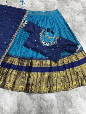 Navy Blue and Teal silk blend Lehenga Choli with Zari Border 4