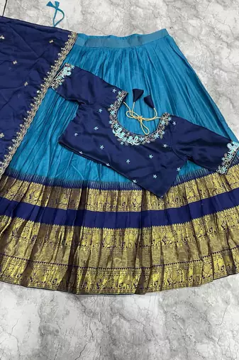 Navy Blue and Teal silk blend Lehenga Choli with Zari Border