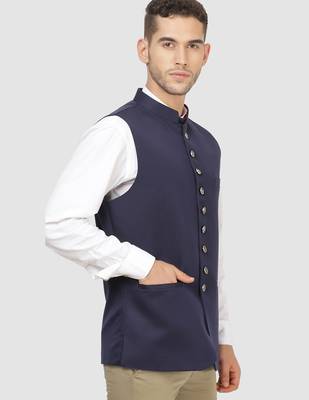 Men solid blue nehru jacket 3