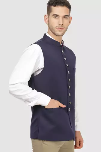 Men solid blue nehru jacket