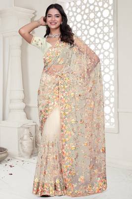 Cream Elegant sequin embroidered work net saree for women 1