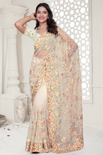 Cream Elegant sequin embroidered work net saree for women