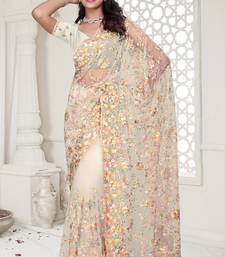 Cream Elegant sequin embroidered work net saree for women