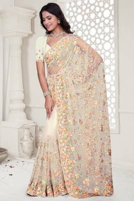 Cream Elegant sequin embroidered work net saree for women 2