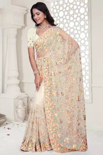 Cream Elegant sequin embroidered work net saree for women