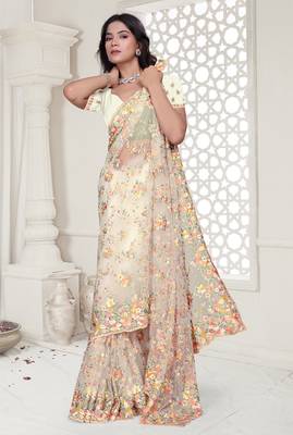 Cream Elegant sequin embroidered work net saree for women 3