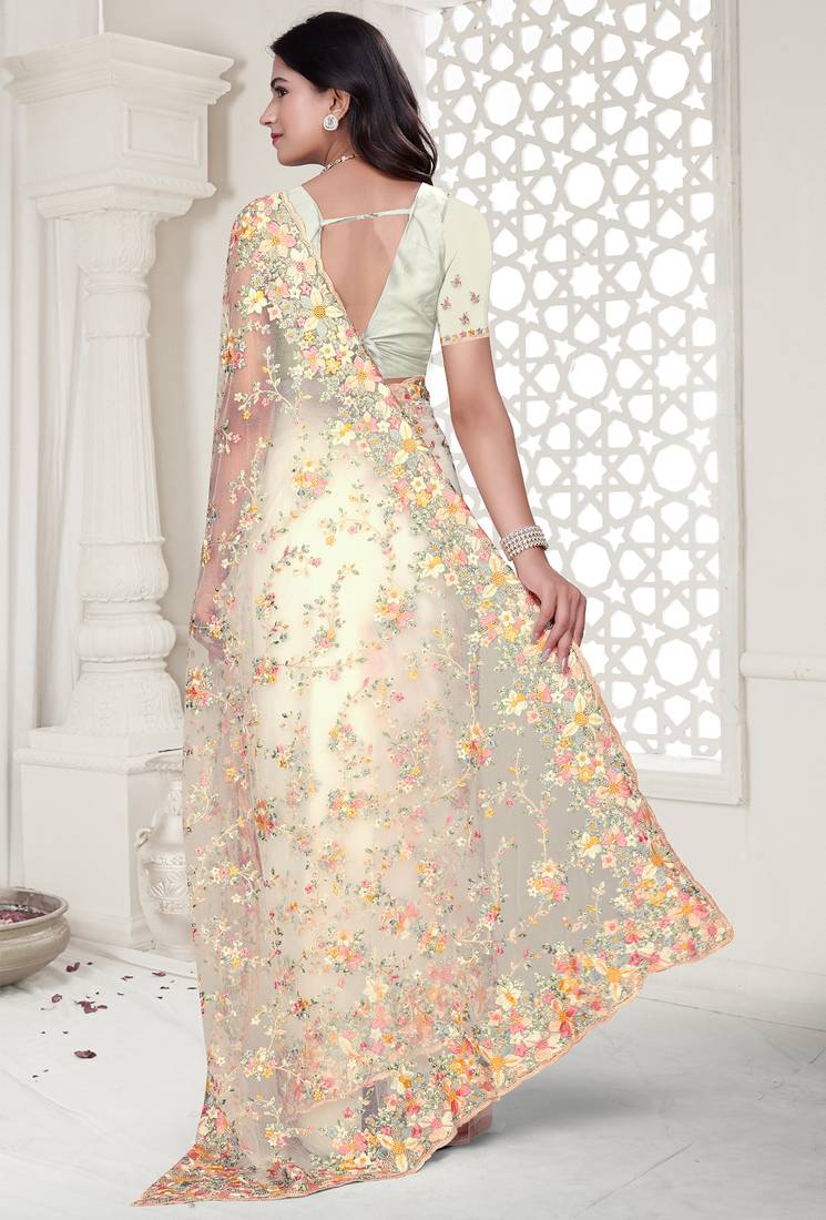 Cream Elegant sequin embroidered work net saree for women